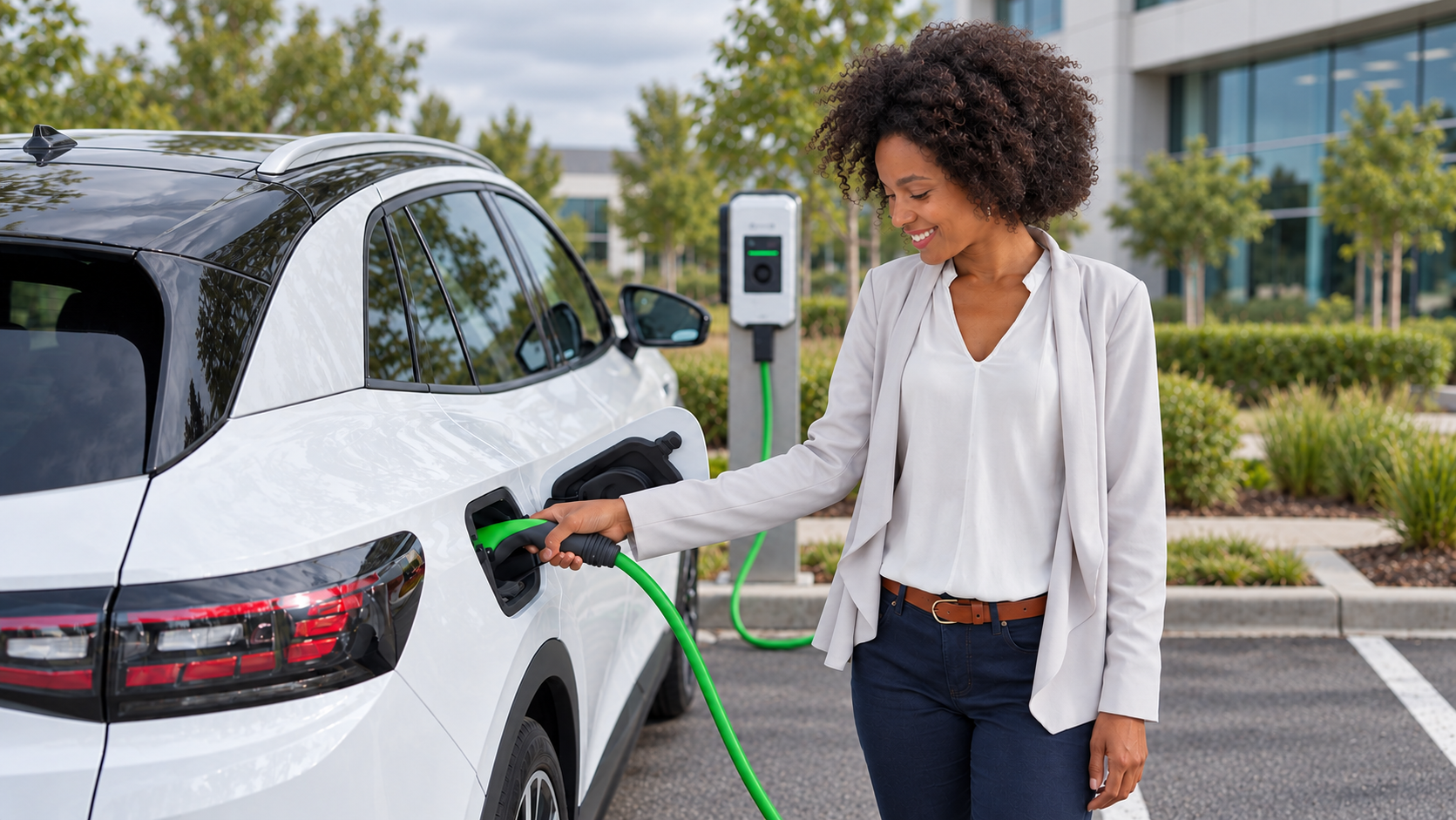 Une utilisatrice recharge son véhicule sur un parking extérieur — illustration